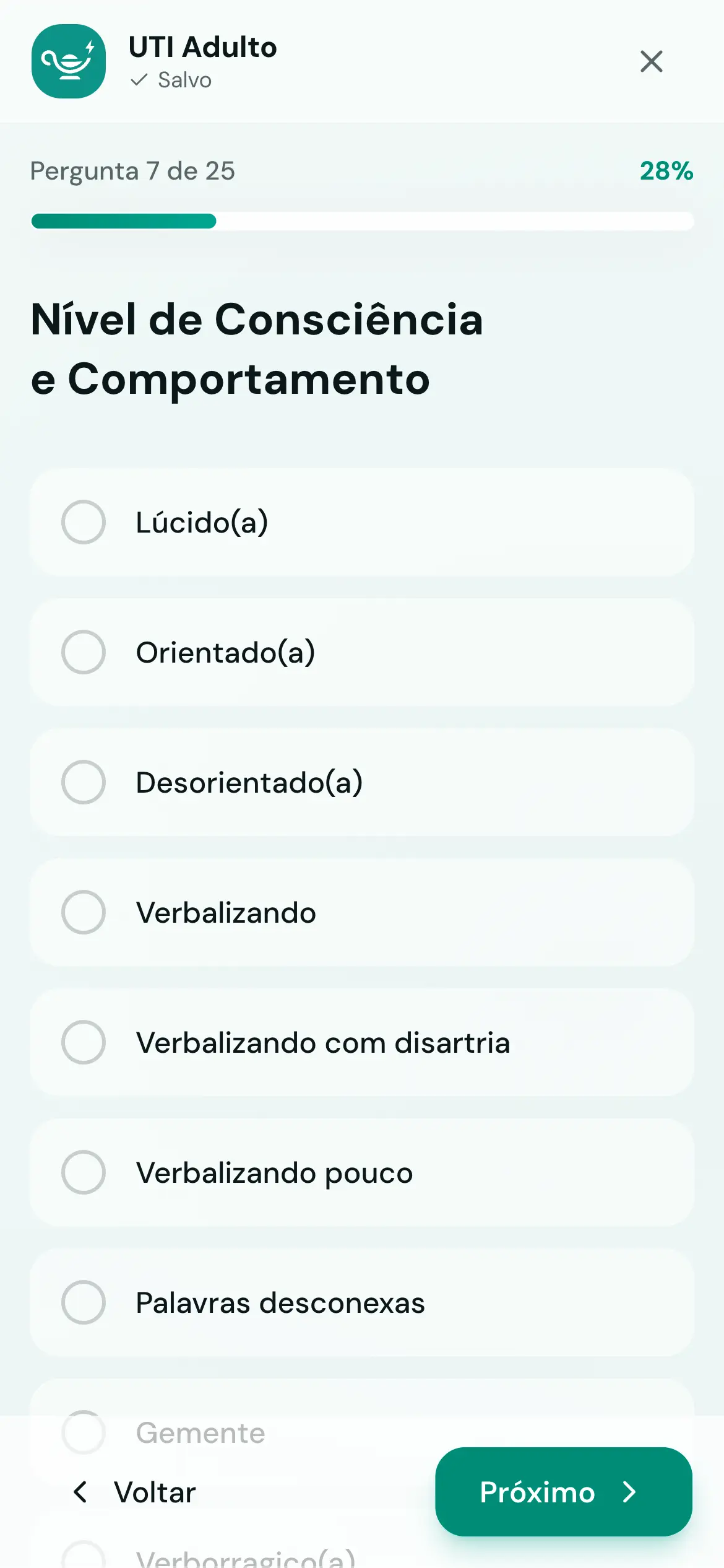 Tela de pergunta 'Nível de Consciência' com opções de seleção: Alerta e orientado, Sonolento, Confuso, Sedado